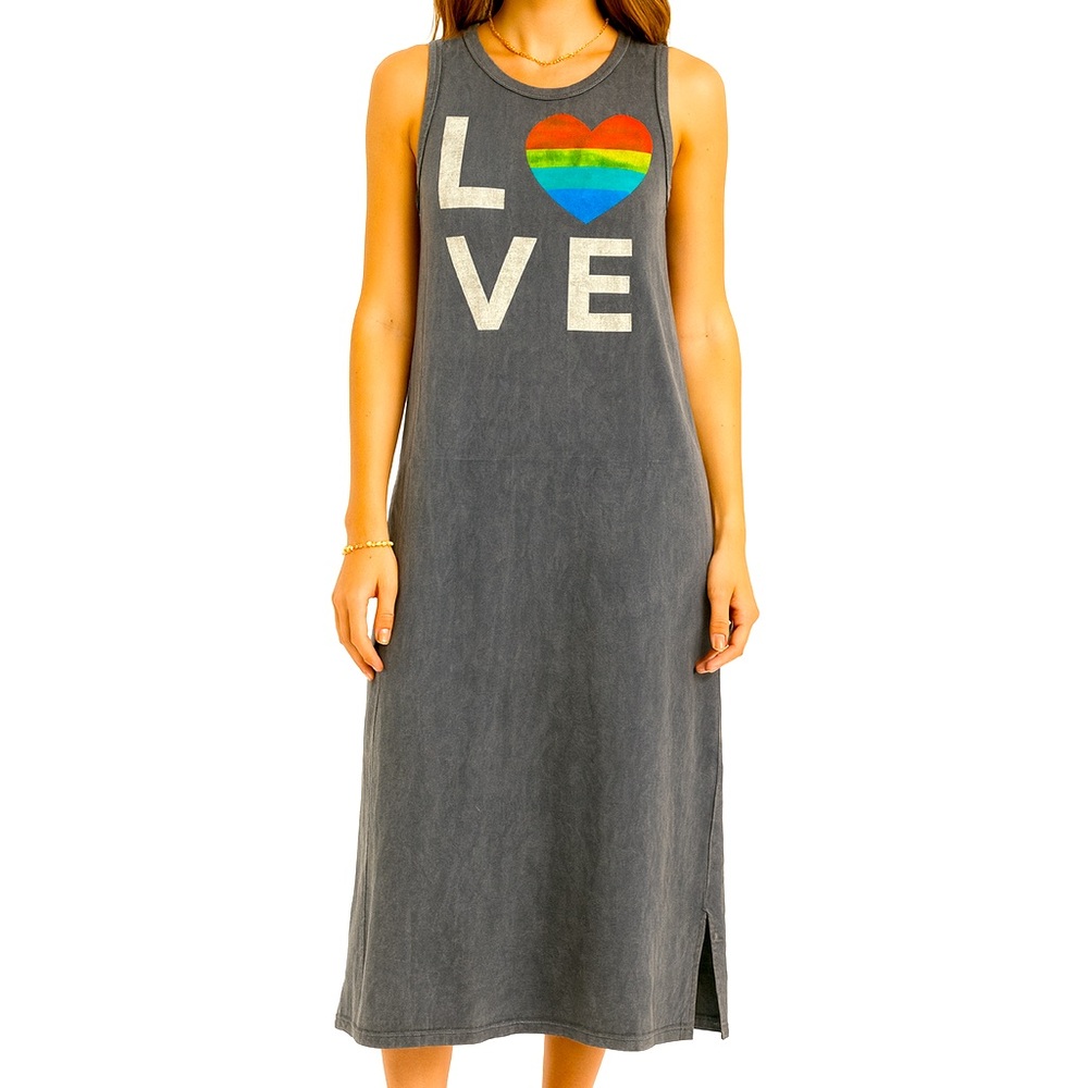 LOVE Rainbow Heart Graphic Midi Tank Dress Gray Cotton Sleeveless Boho S